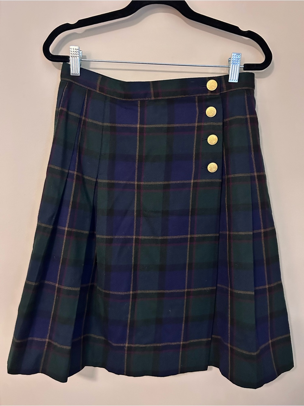 Lord & Taylor Vintage 100% Wool Tartan Plaid Pleated Wrap Skirt Green Blue 28”
